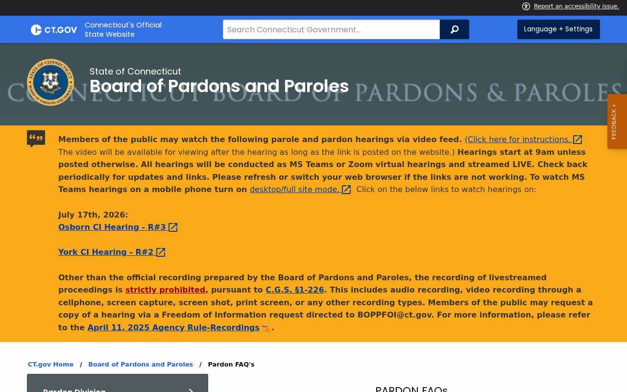 Connecticut absolute pardon and record erasure frequently asked questions