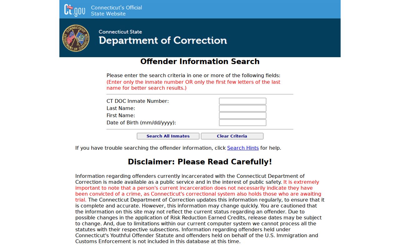 Connecticut Department of Correction inmate search fields