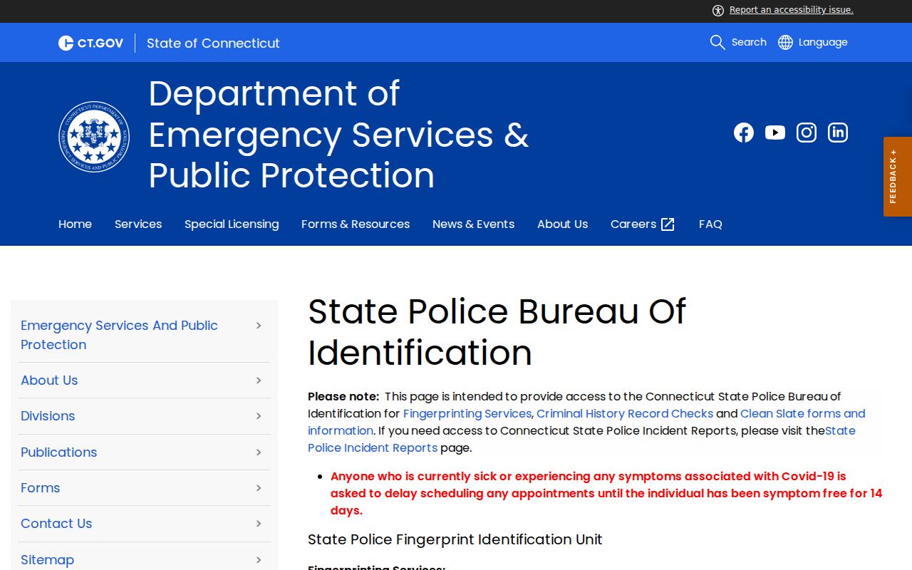 Connecticut State Police Bureau of Identification records and fees page